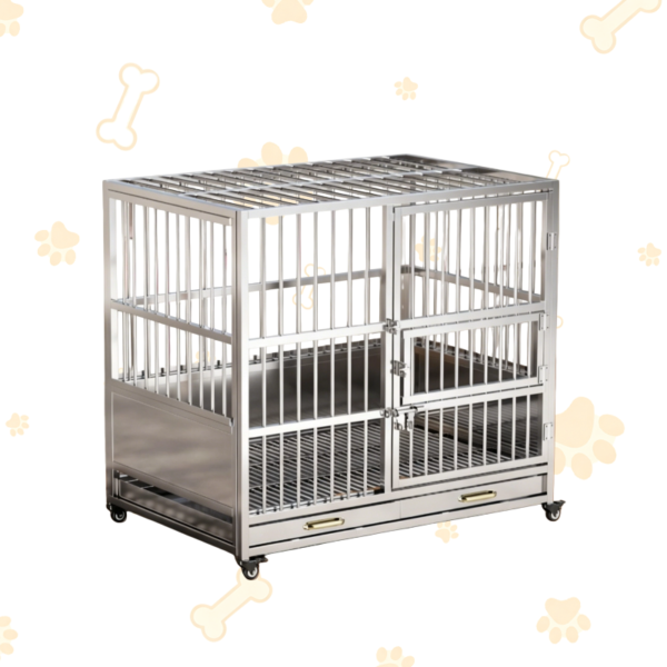 Heavy-Duty Stainless Steel Dog Crate | Indoor Anti-Rust Pet Kennel with Pull-Out Waste Trays, Lockable Rolling Casters & Free Hanging Dog Bowl for Small Medium Dogs Stainless Steel Premium Indoor Kennel Large Breed Indoor Dog House