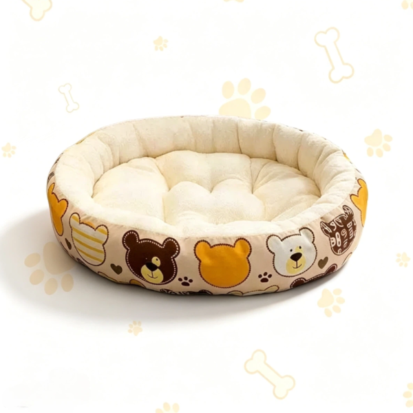 Round Bear Print Bolster Pet Bed – All-Season, Washable, for Small Medium Dogs & Cats