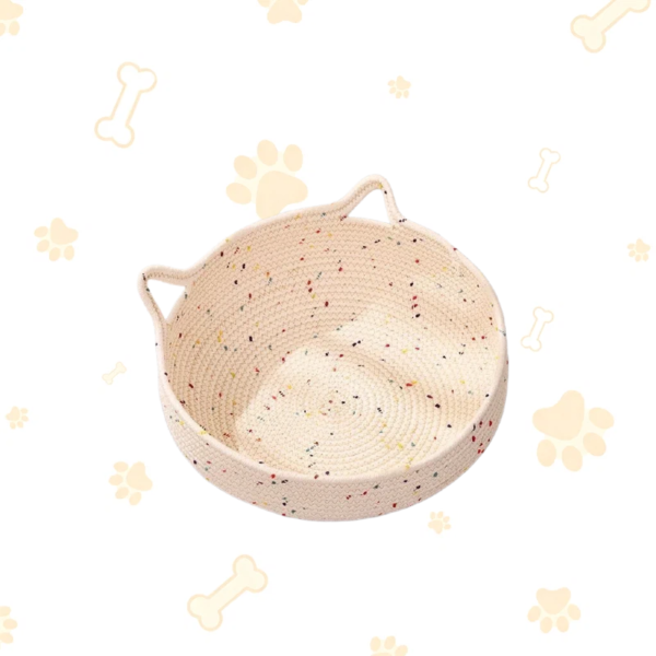 Handmade Cotton Woven Cat Bed with Cat Ear Handles, Cozy Round Pet Nest for All Seasons